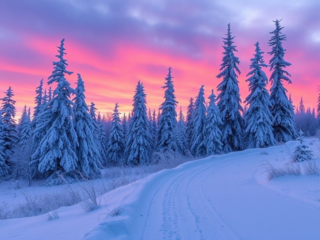 Grande Prairie winter landscape frozen trees snow covered trails pink sunset sky