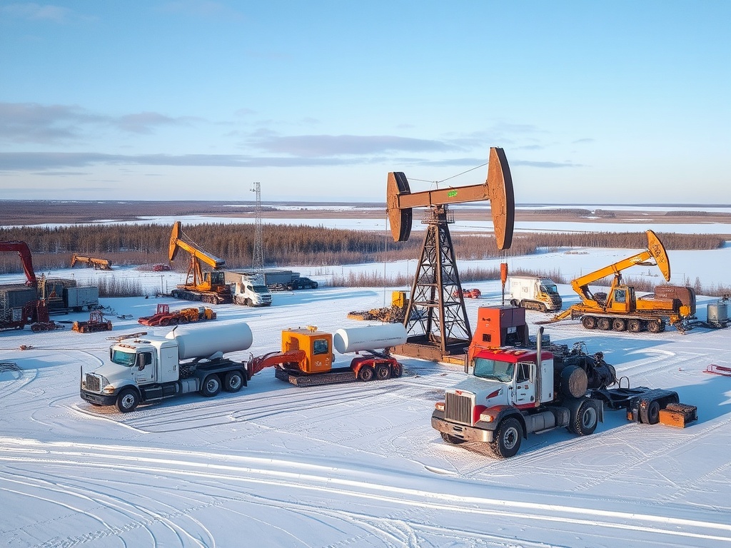 industrial oil and gas site near Grande Prairie Alberta with trucks equipment and workers in winter landscape