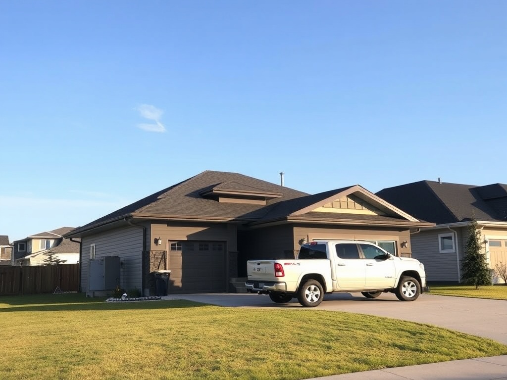 modern Grande Prairie home exterior with driveway pickup truck suburban Alberta setting clear sky