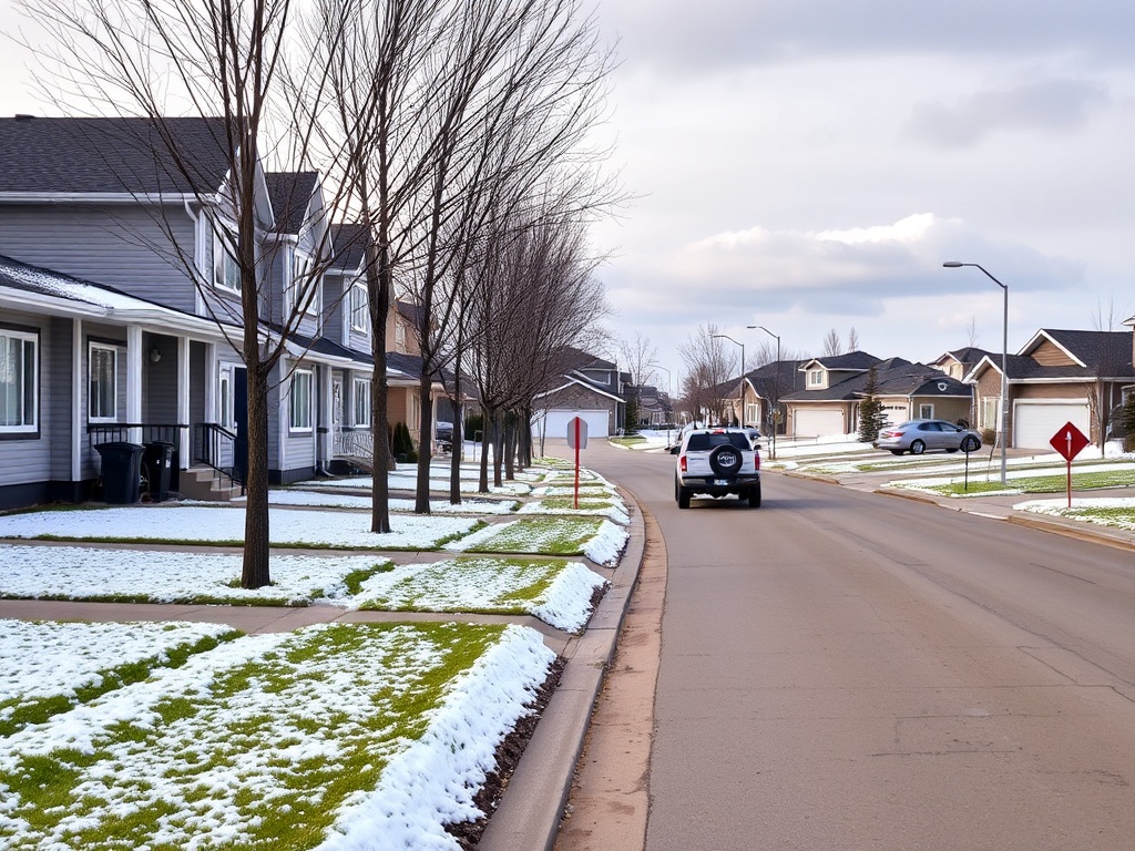 quiet suburban street in Grande Prairie Alberta with modern houses, snow lightly covering lawns, pickup trucks parked