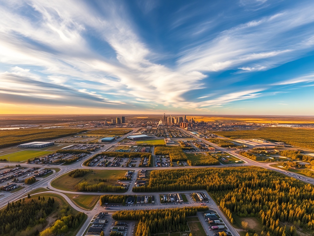 wide aerial of Grande Prairie Alberta with skyline, big sky, suburban layout and surrounding forest in golden hour