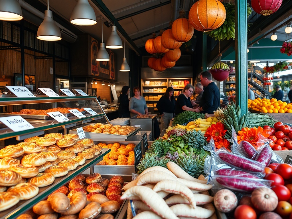 close-up of artisan food stalls with fresh pastries seafood and colorful produce at granville island market vibrant textures