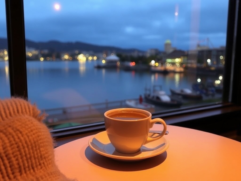 cozy coffee cup by window overlooking water granville island relaxed slow moment soft lighting