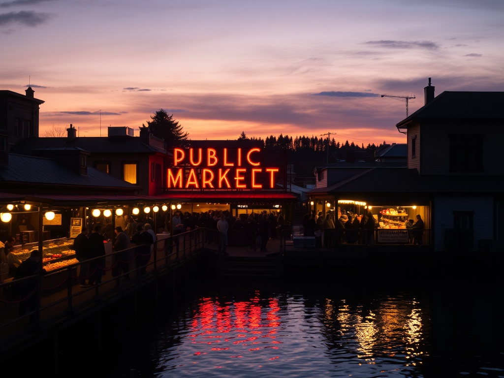 golden hour at granville island public market with warm lights and crowds, cinematic atmosphere, reflections on water