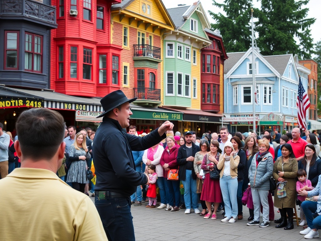 street performer on granville island with crowd gathered colorful buildings and lively atmosphere candid moment