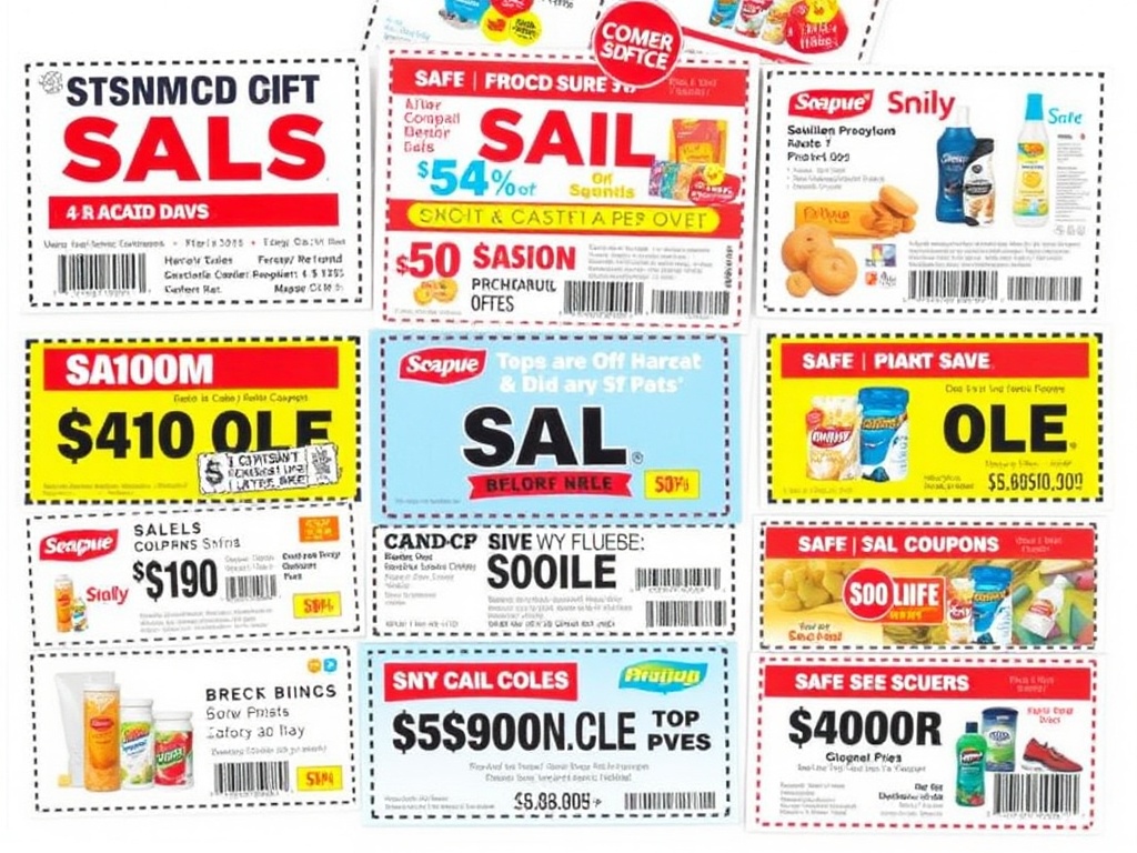 A collection of shopping deals and coupons, vivid images of products and promotional codes