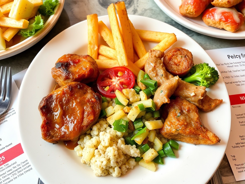A plate of food, restaurant menus with promotional discounts and free meal coupons
