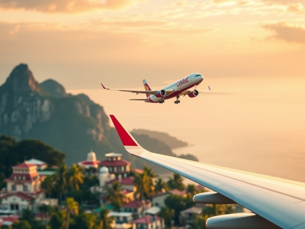 Airlines and hotels with discounted travel rates, vacation destinations in the background