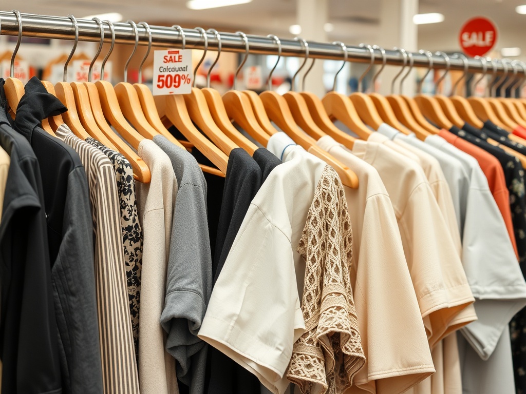 Clothing store racks, fashion items on sale with discount labels