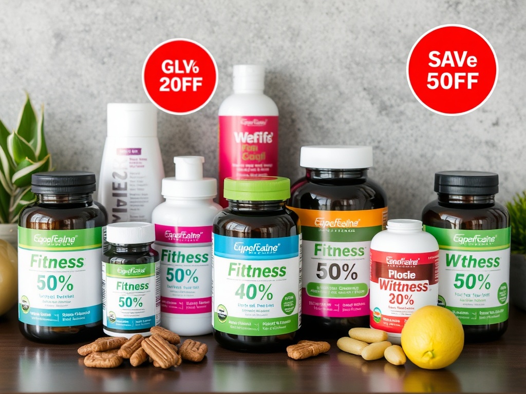 Fitness products, health supplements, wellness activities, with discount labels