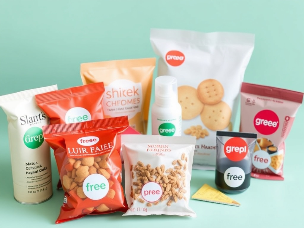 Free sample products, beauty products and snacks with 'free' labels