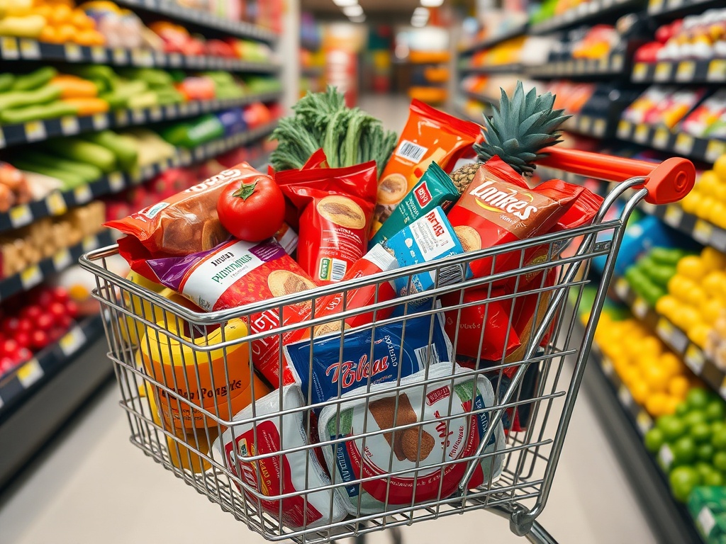 Grocery shopping cart filled with produce and snacks, discount tags