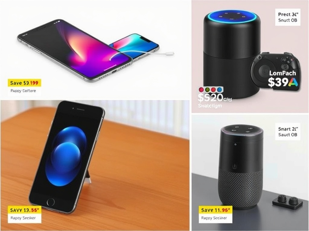 Images of tech gadgets like smartphones and smart speakers, with discounts and labels