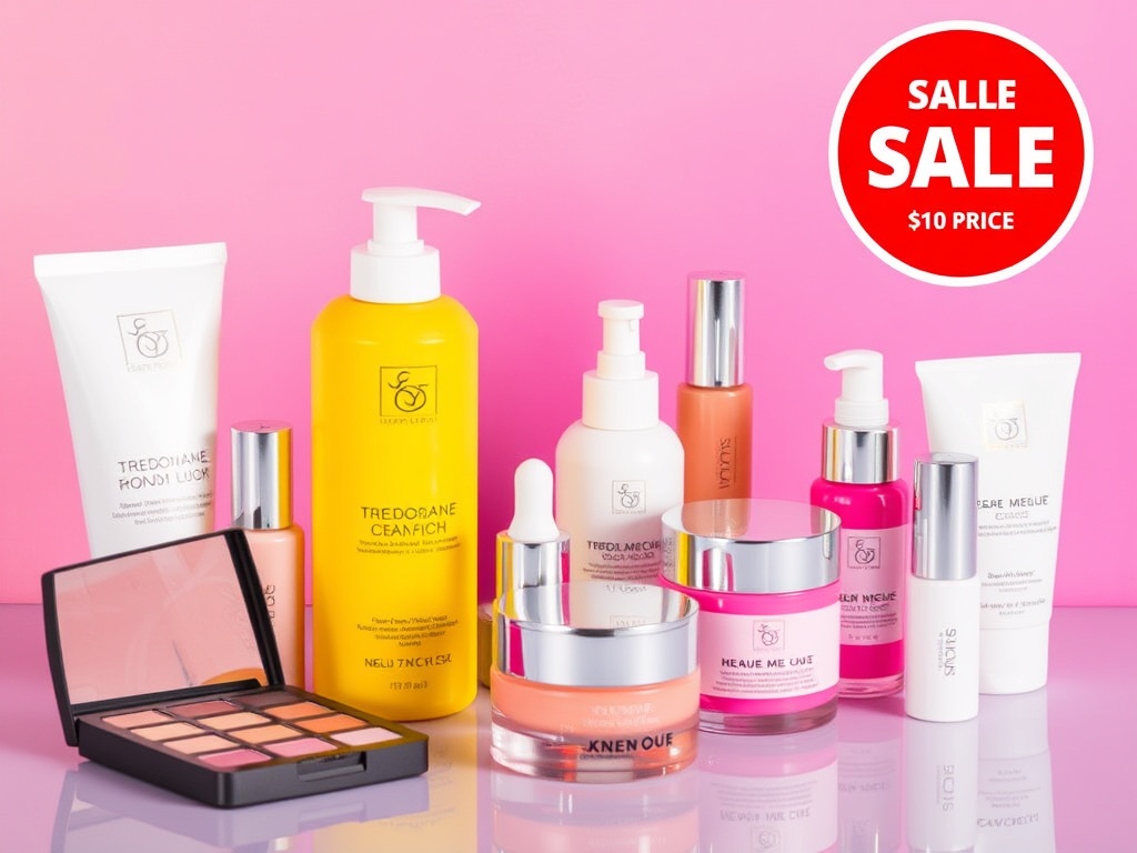 Skincare and makeup products, vibrant colors, with sale signs and price slashes