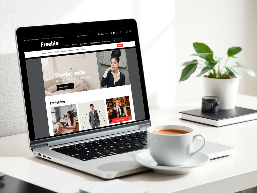 a laptop showing freebie websites, clean workspace, coffee, minimalist setup, bright lighting