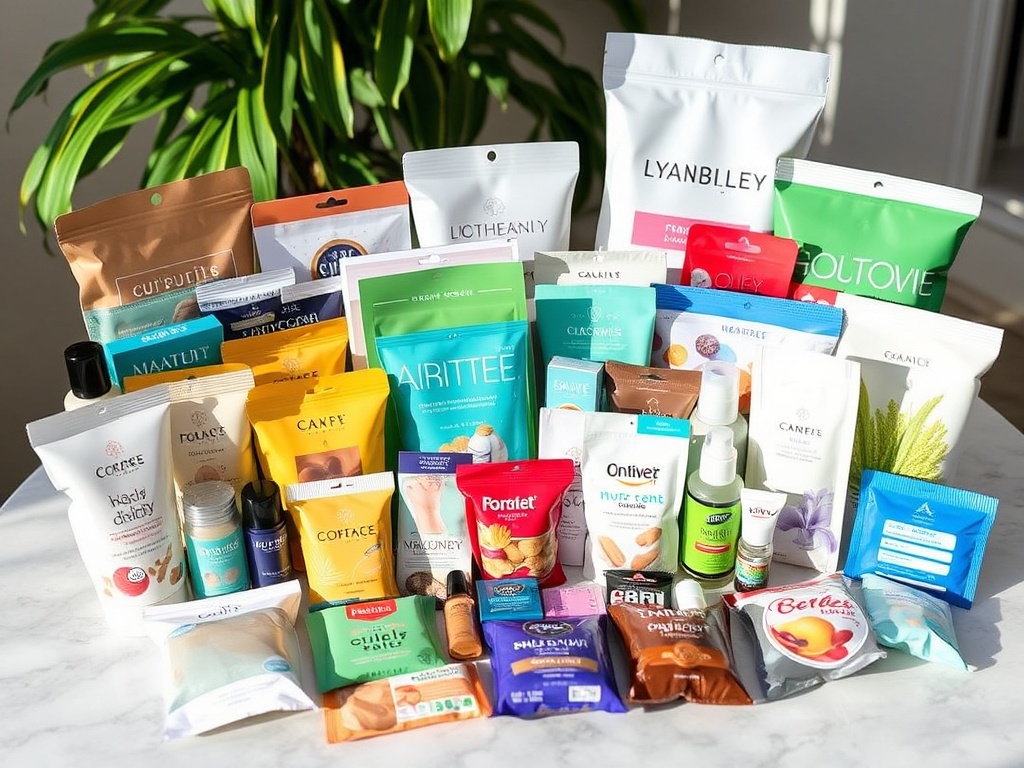 collection of free sample products neatly arranged on a table, beauty samples, snacks, small packages, natural lighting