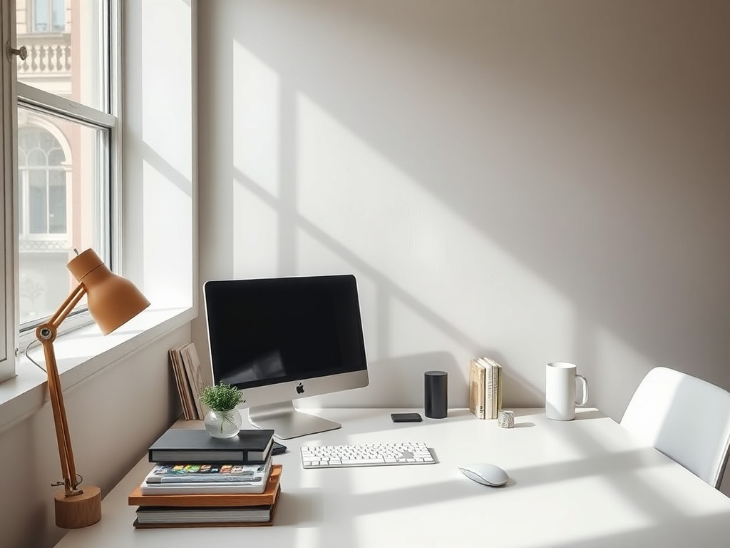 minimalist lifestyle with a few high-quality items, clean desk, intentional choices, natural light
