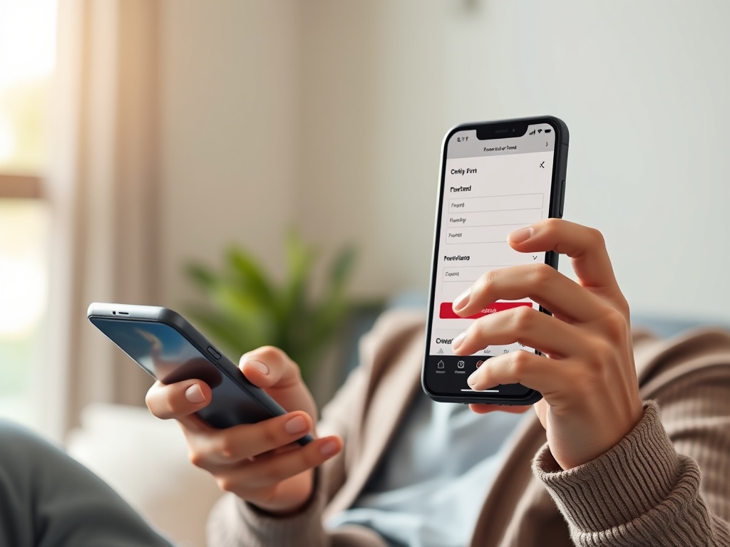person quickly filling out an online form on phone, focused expression, modern UI, soft lighting