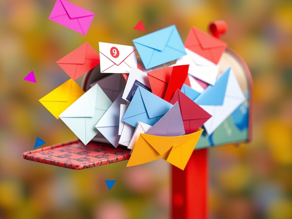 colorful mailbox overflowing with promotional emails