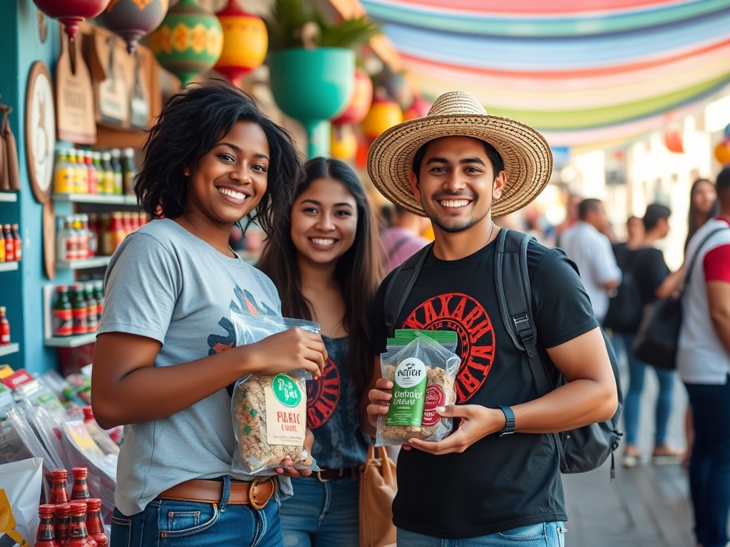 happy young adults receiving free products in a colorful Mexican marketplace