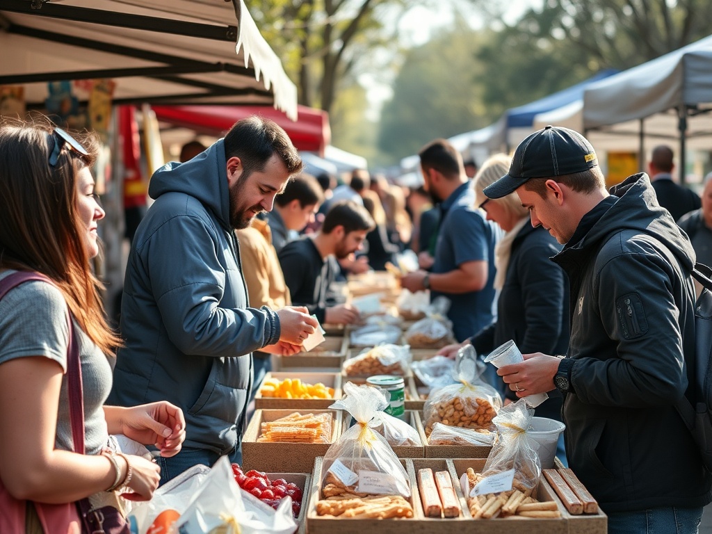 people collecting free samples at a busy outdoor market