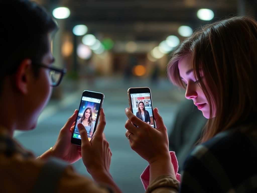 young people holding smartphones sharing brand posts on social media