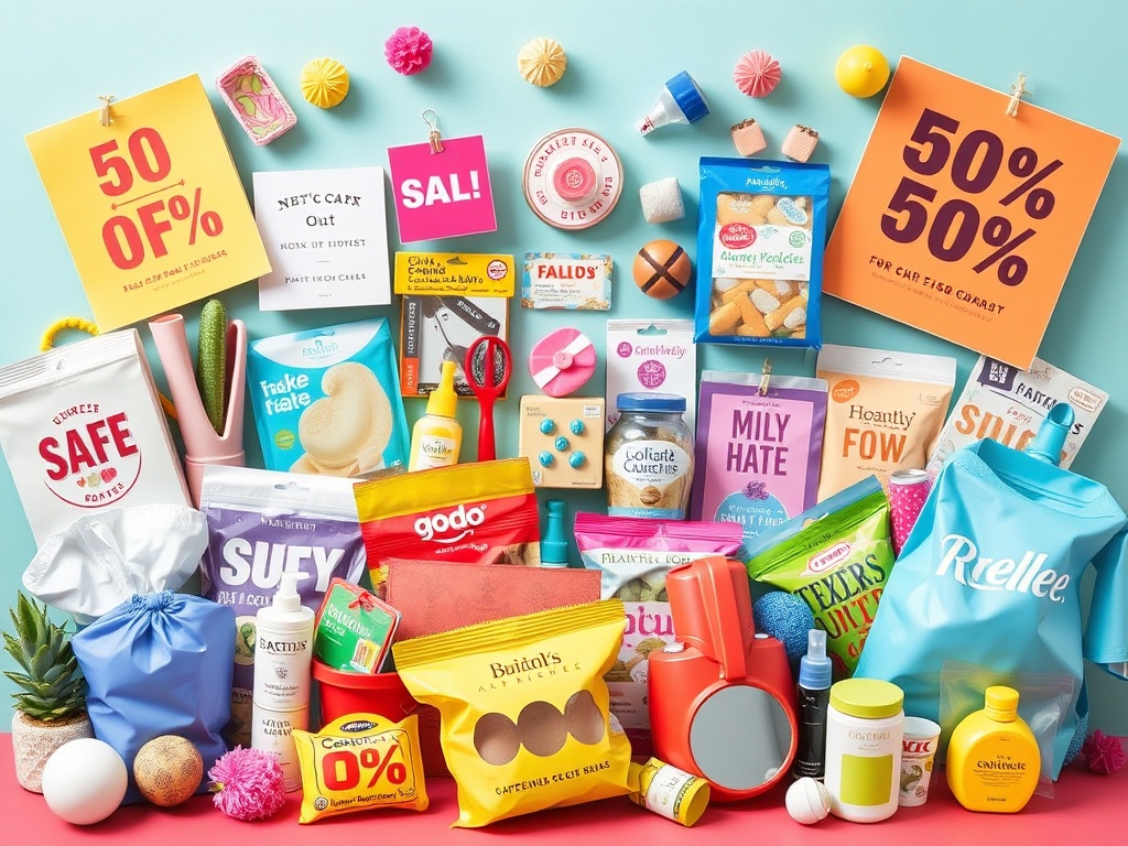 collage of discounted items and freebies in a lively, colorful setup