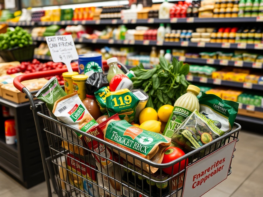 grocery items on sale, organized neatly in a cart