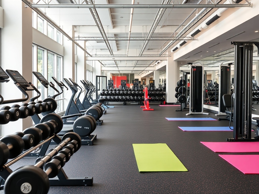 gym equipment, weights, and yoga mats in a modern gym