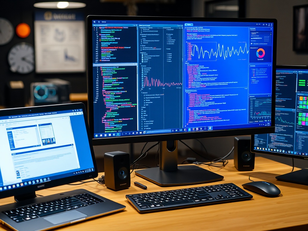 image of a tech workspace with software interfaces on screen