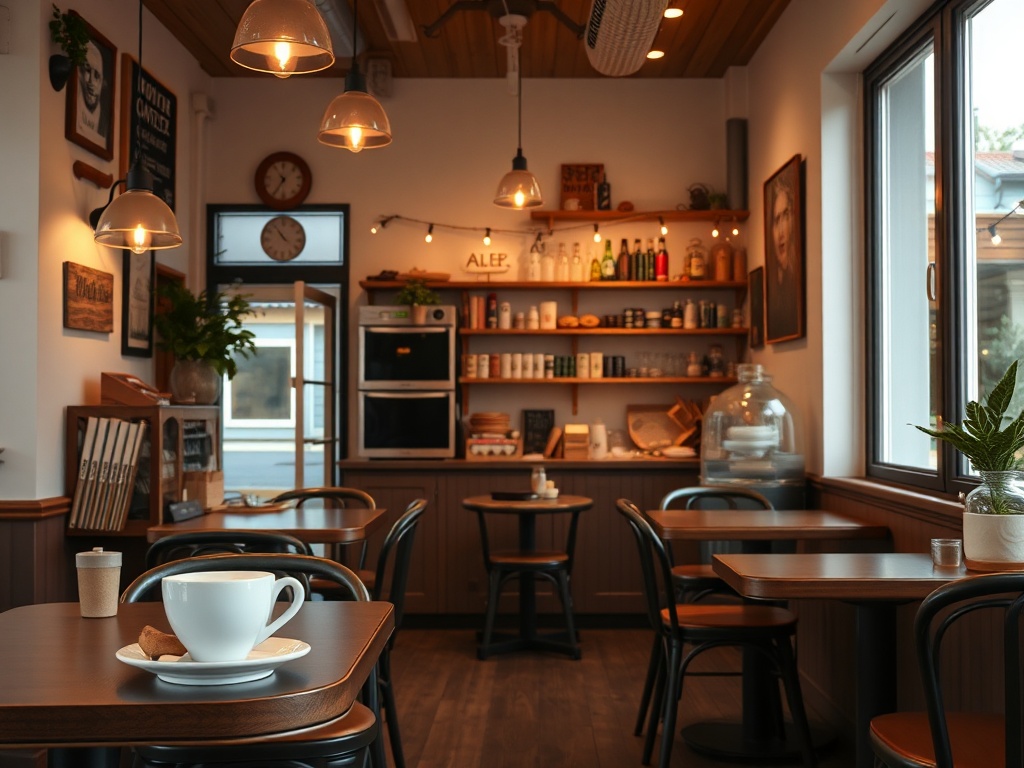cozy independent cafe interior with coffee, pastries and warm lighting in small town