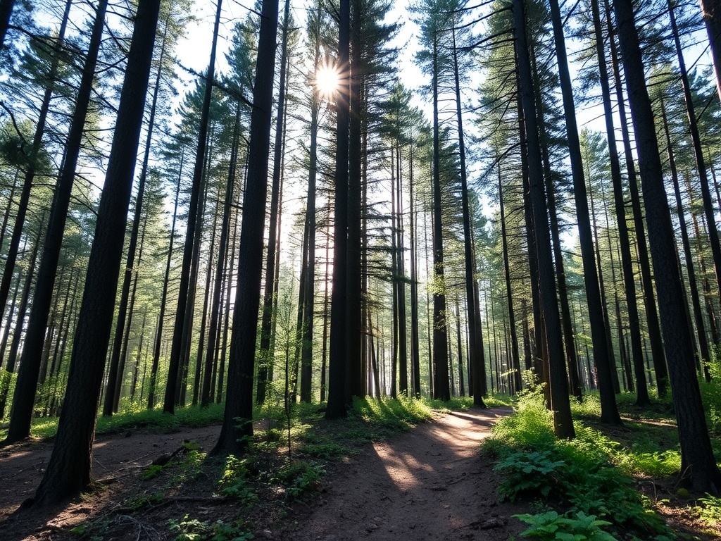 forest hiking trail in Muskoka with tall trees, sunlight filtering through and dirt path