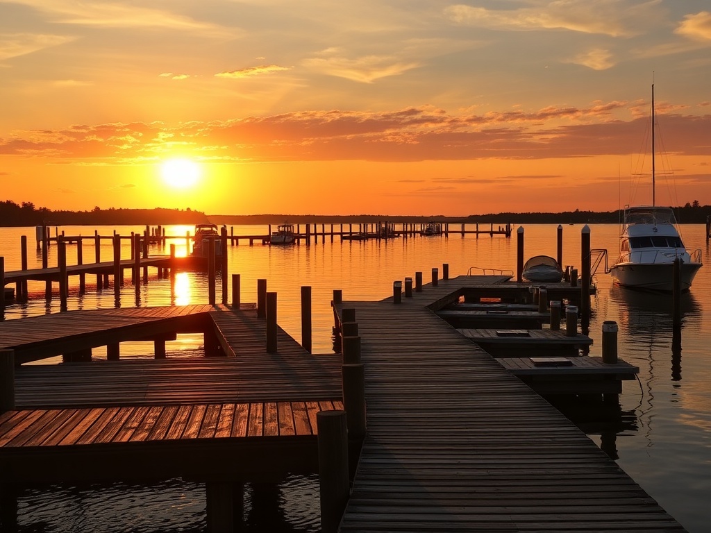 golden sunset over Muskoka Wharf with wooden docks, calm water reflections, boats and warm sky