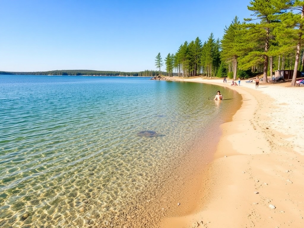 Gull Lake Rotary Park beach with clear water, sandy shore, families and pine trees