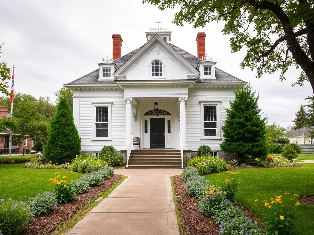 historic Bethune Memorial House with white exterior, garden path and Canadian heritage setting