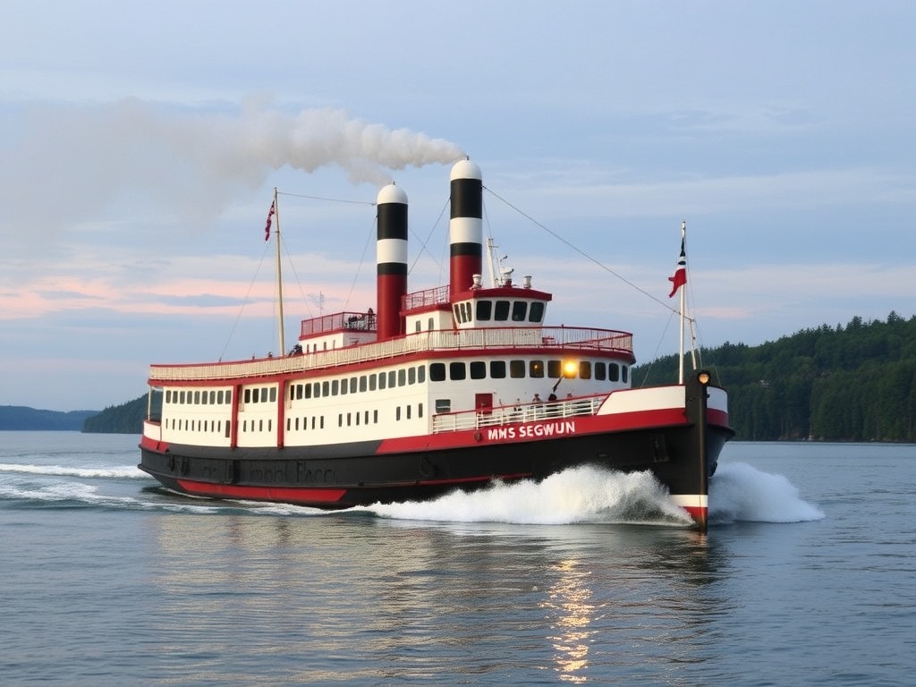 historic steamship RMS Segwun cruising on Lake Muskoka with smoke stack and vintage charm