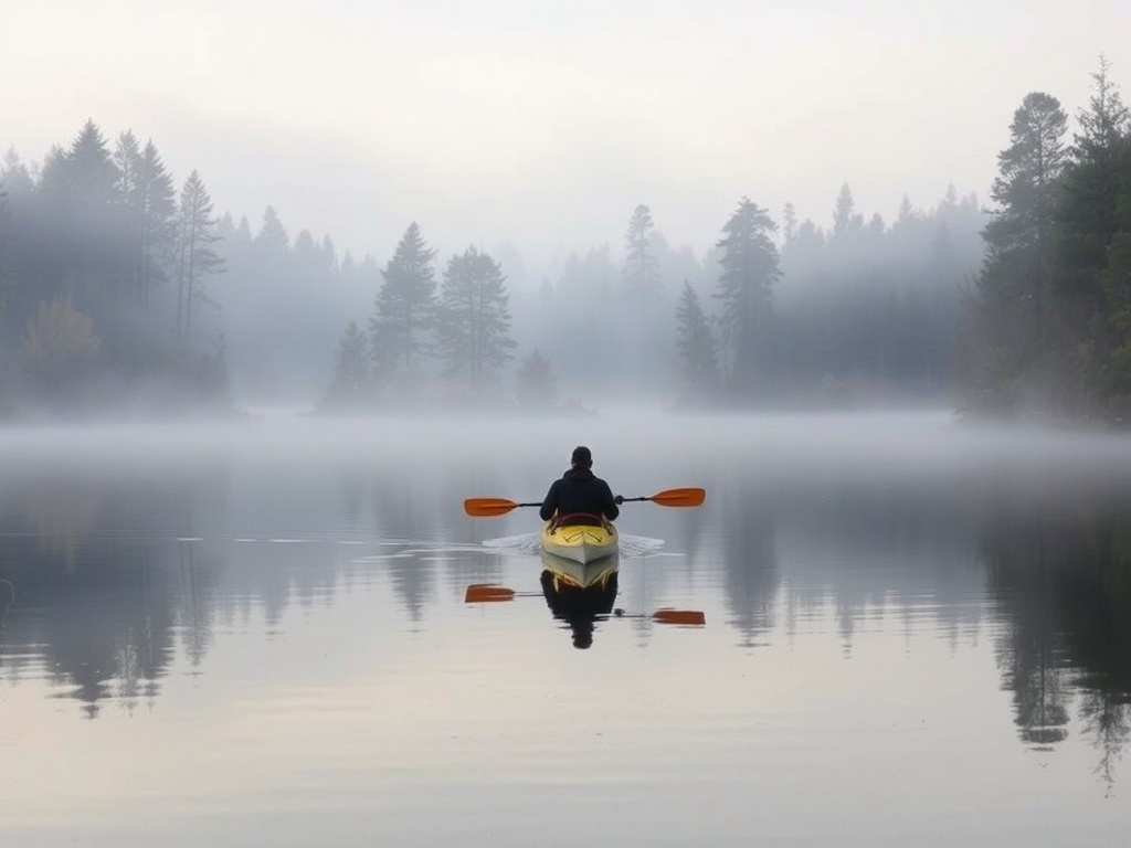 kayaker paddling calm Muskoka River surrounded by trees and reflections in early morning mist