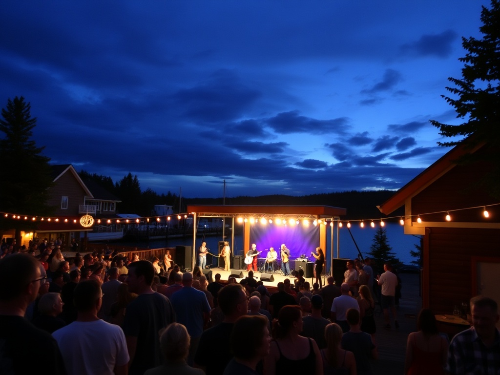 outdoor summer concert at Muskoka Wharf with small stage, crowd and evening lights