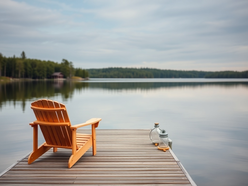 quiet Muskoka lake dock with Adirondack chairs, still water and peaceful atmosphere