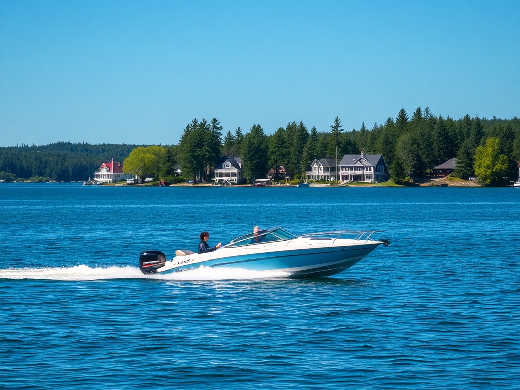small motorboat on Lake Muskoka with blue water and cottages in background