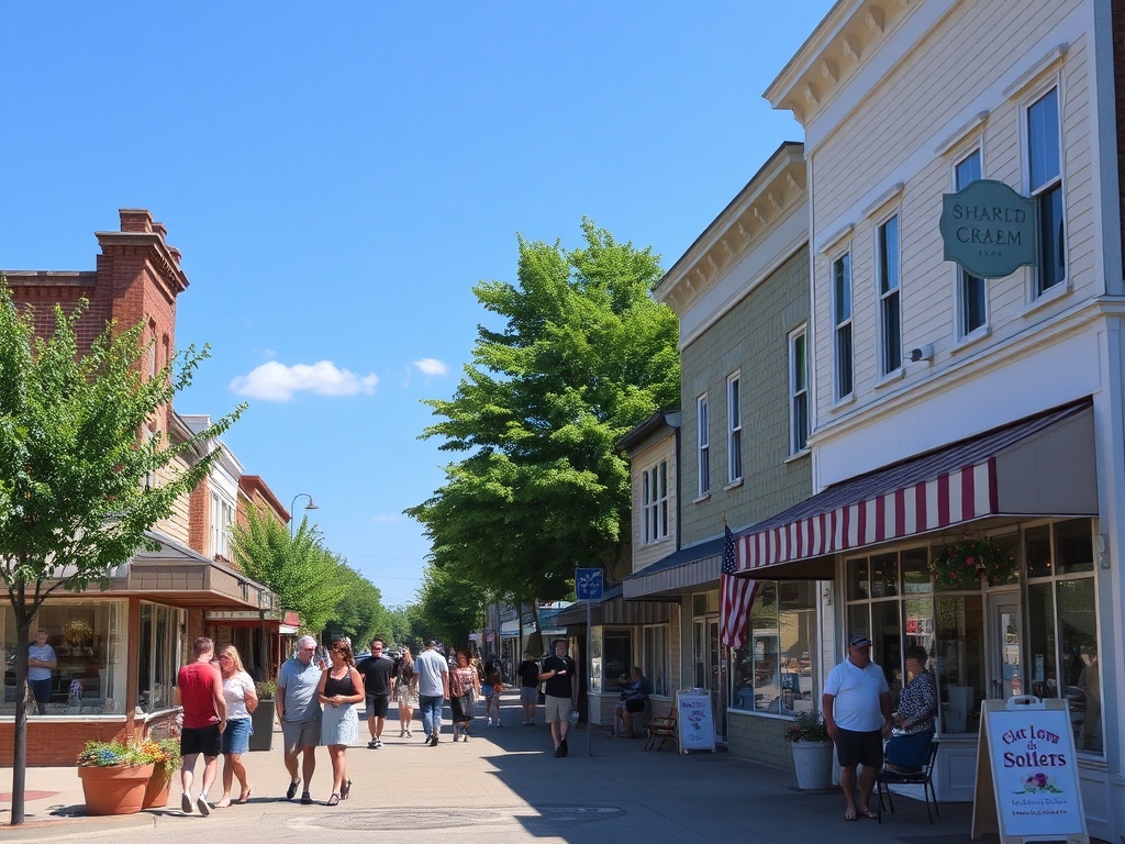 small town Ontario main street with ice cream shop, people strolling and summer vibe