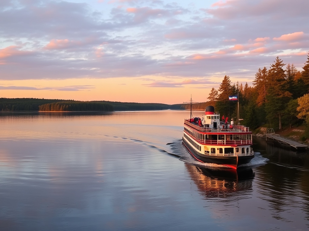 steamship passing Muskoka shoreline with calm lake and trees during golden hour