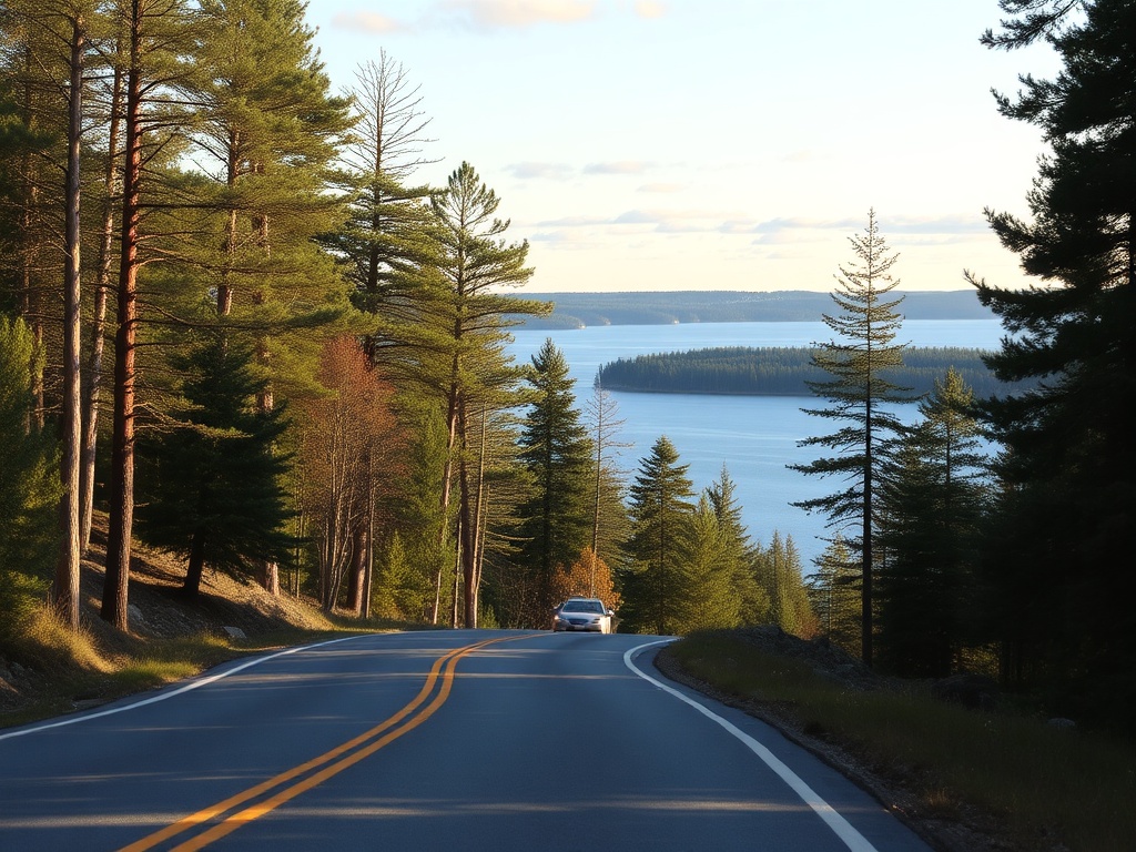 winding road along Lake Muskoka with trees, lake views and classic cottage scenery