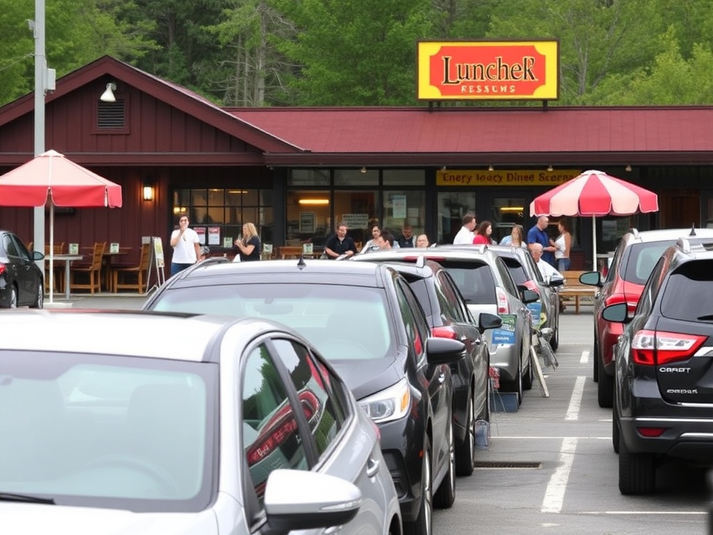 busy local diner parking lot lunchtime Ontario Muskoka casual restaurant scene