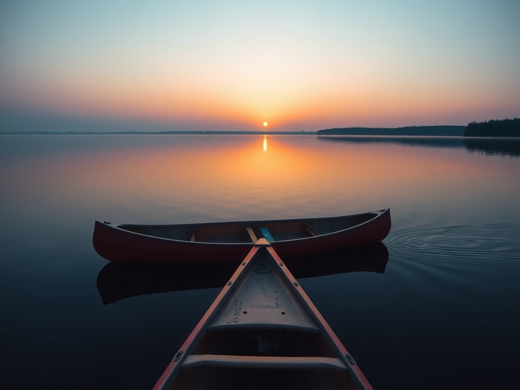canoe on calm lake sunrise Muskoka still water reflection peaceful
