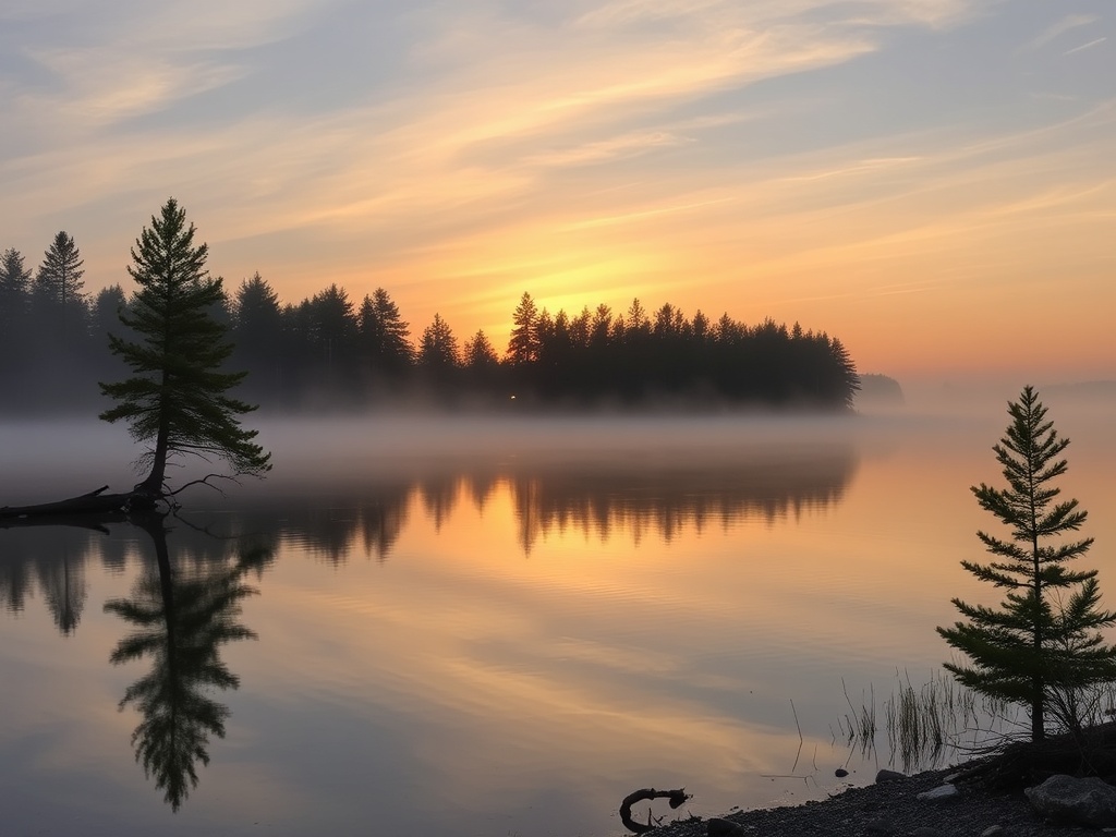 early morning Gull Lake Rotary Park mist calm water pine trees sunrise Gravenhurst Ontario