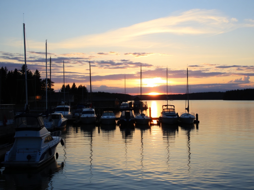 Muskoka Wharf sunset golden hour boats calm water Gravenhurst evening