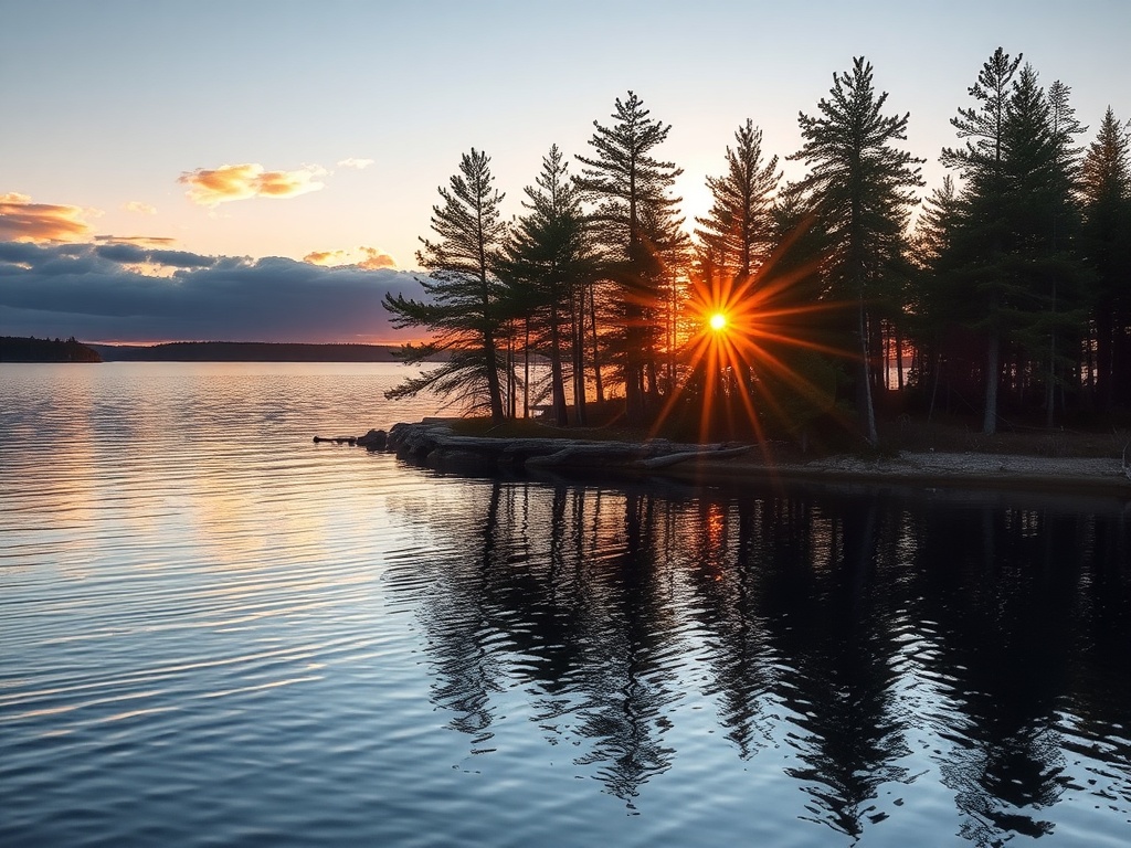 pine trees wind Muskoka lake sunset light reflections serene nature Ontario