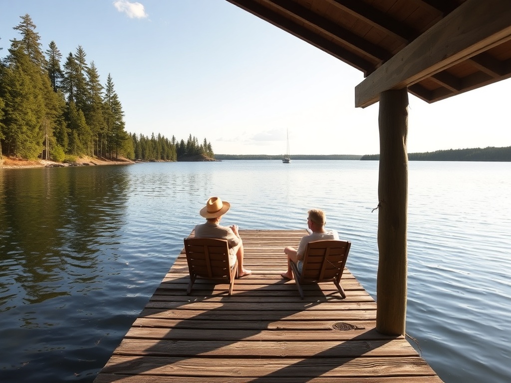 relaxed dock sitting lake view Muskoka casual summer peaceful lifestyle