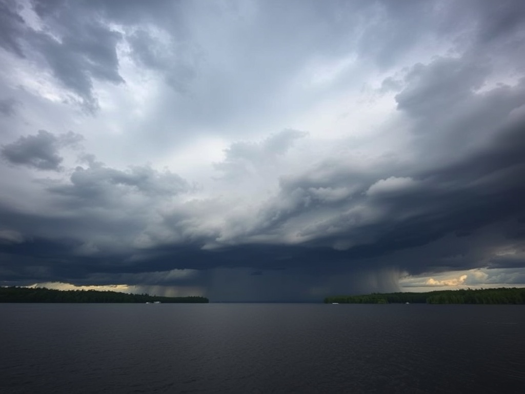 summer storm rolling over Muskoka lake dark clouds dramatic sky Ontario
